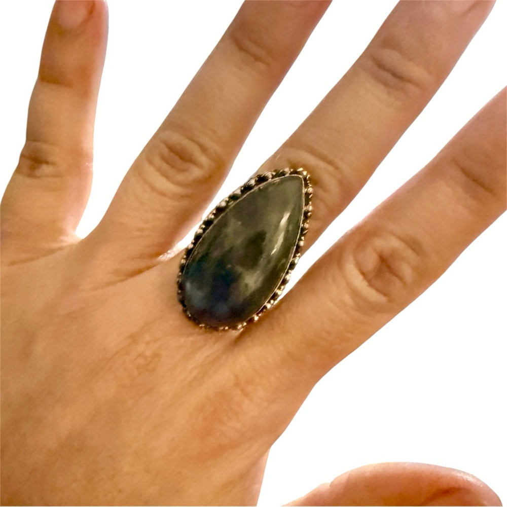Fiery Labradorite Sterling Silver Ring, Boho Southwestern Teardrop Style, Sz 6
